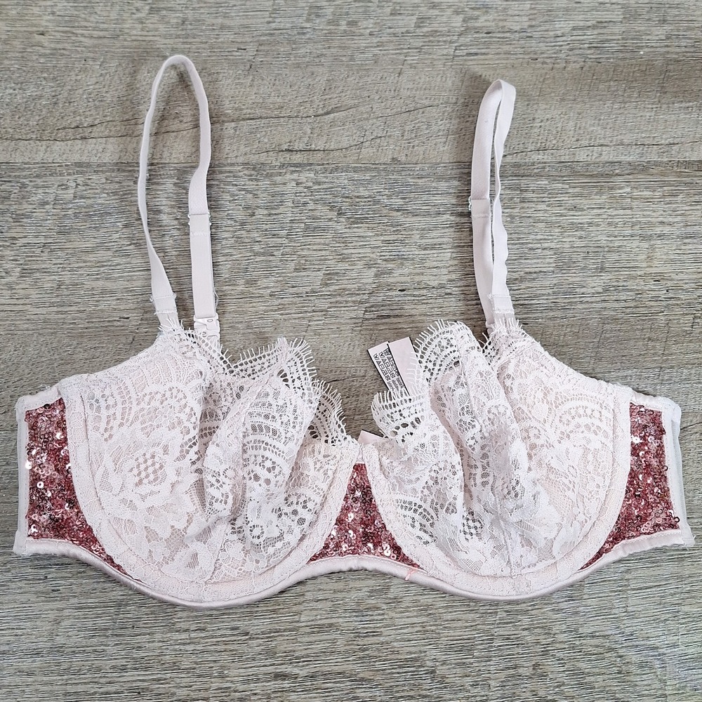 Victorias Secret Sz 34C Push Up Without Padding Pink Glitter Sequin Lace